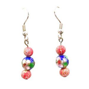 Vintage Chinese Cloisonne Earrings with Carved Rose Beads Dangles, Blue Floral